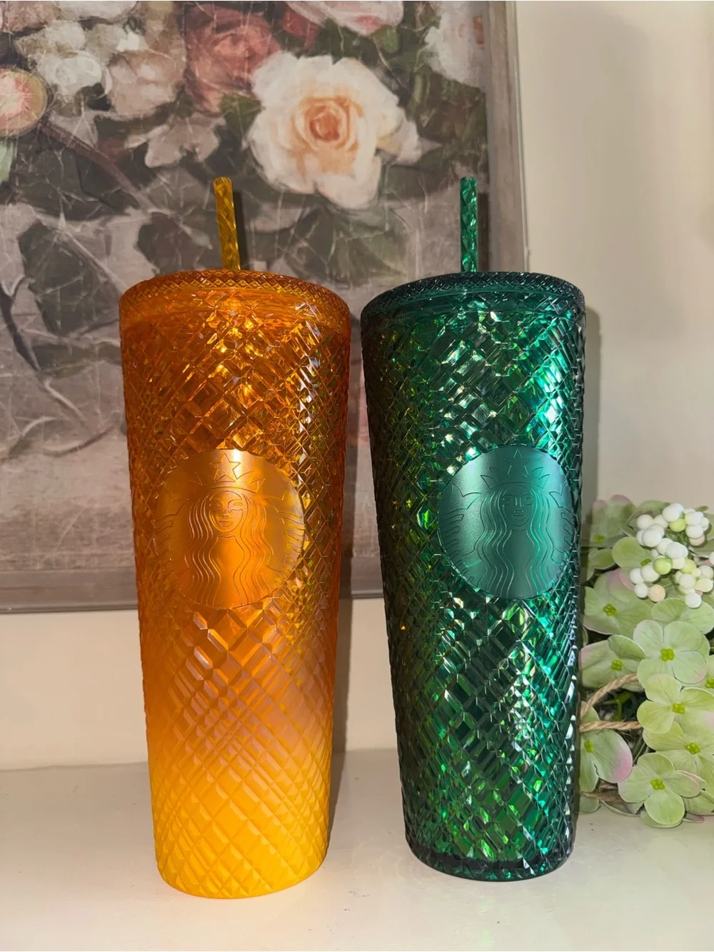 Starbucks Summer 2022 Mango Ombre & Emerald Green Jeweled Tumbler Cold Cup 24oz